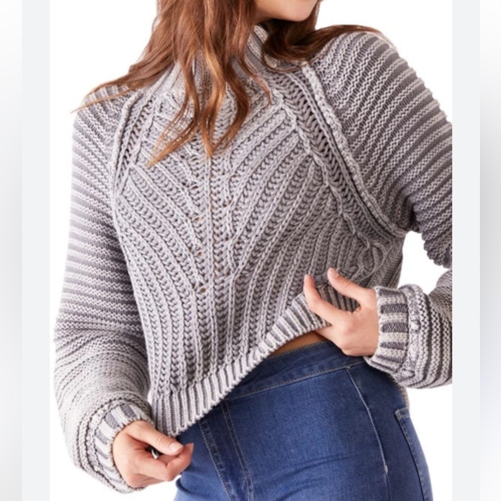 Free People Sweetheart Sweater Tungsten Gray Chunky Mock Neck Cotton‎ Size S